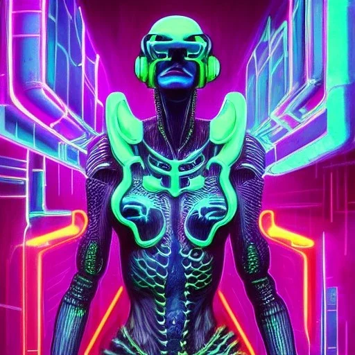 cyberpunk alien , cyberpunk, full body, realistic, intricately detailed, neon lighting, vivid colors, neon, futuristic, meticulously detailed