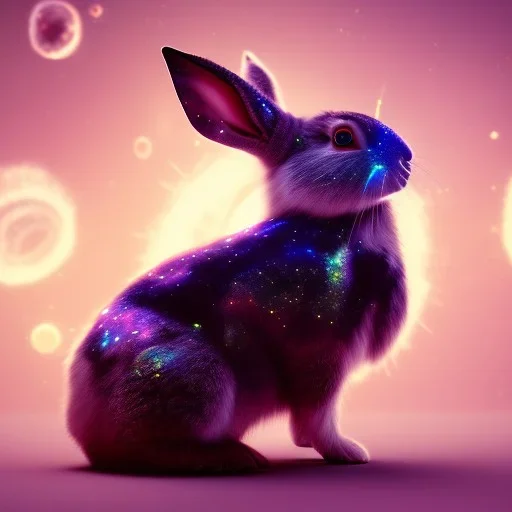 galaxies, spirals, space, nebulae, stars, smoke, iridescent, intricate detail, in the shape of a rabbit, fur wearing color diamonds, octane render, 8k, --q 2 --ar 2:3 --uplight