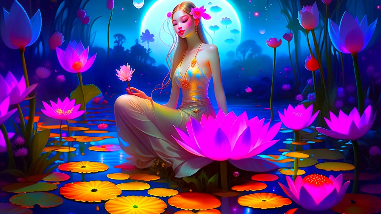 A digital illustration blending realism and fantasy, depicting Ophelia in a modern interpretation of a tunic, her thighs bathed in the soft glow of the moon, surrounded by vibrant lotus flowers and swaying reeds. The scene is infused with a sense of enchantment and surrealism, with a hint of whimsy and magic in the air. This version explores a more contemporary and imaginative approach to the traditional imagery.