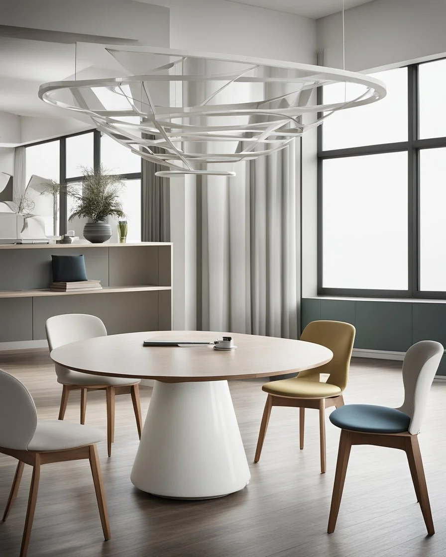 A contemporary, round multi-purpose guest table with a bold, new shape.