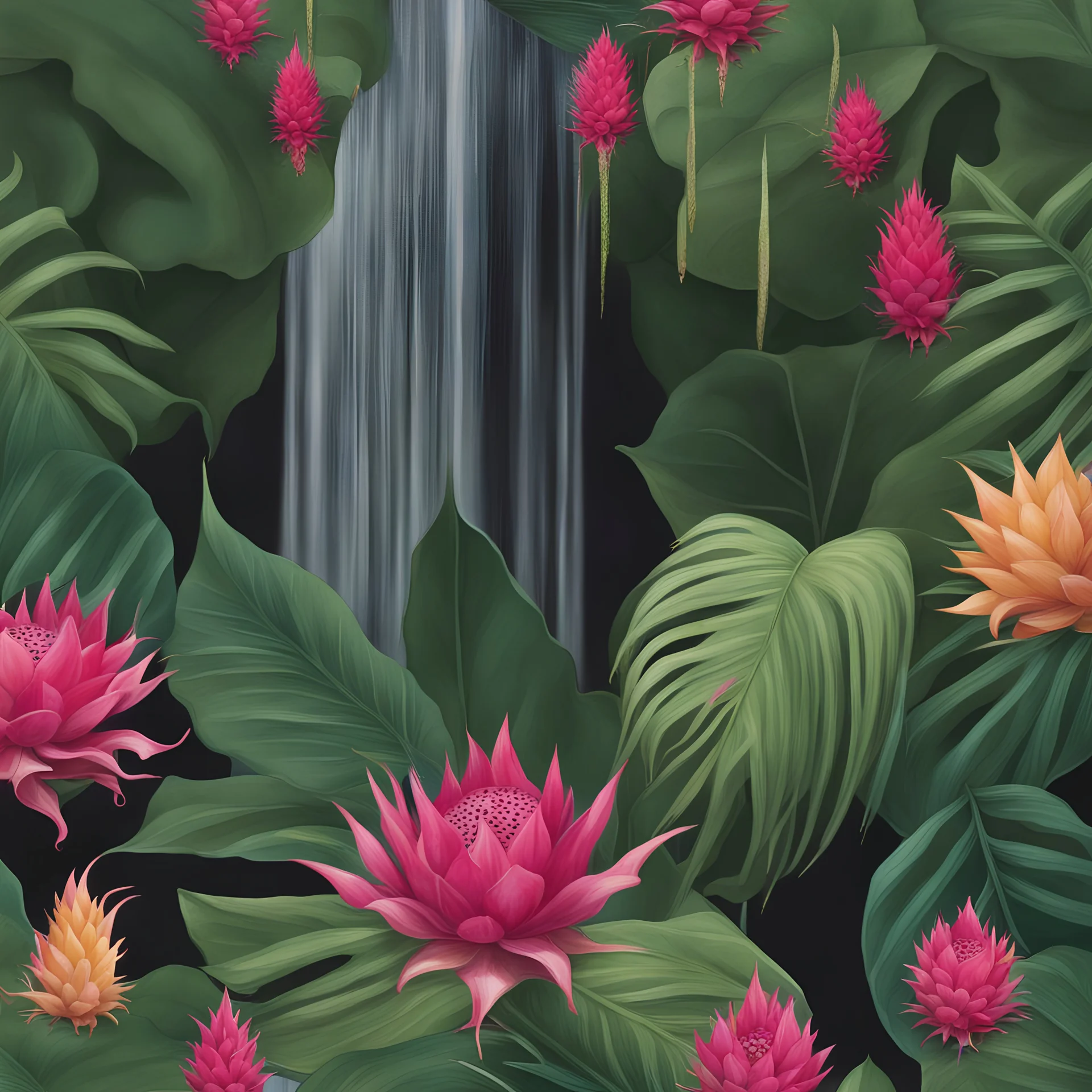 Separate waterfall with tropical leaves and dragon fruit