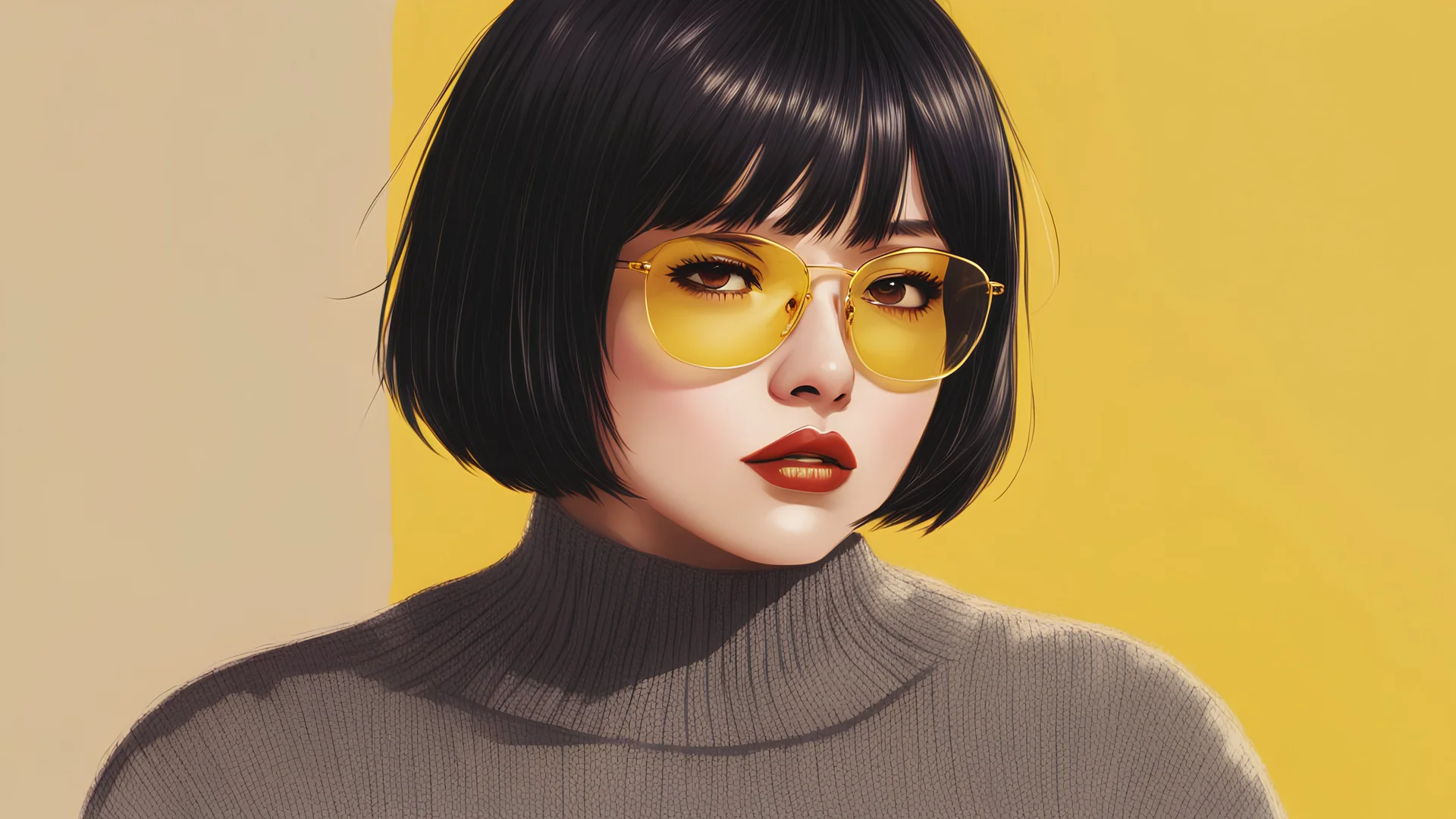 1girl, solo, short_hair, black_hair, upper_body, yellow_background, looking_at_viewer, sweater, sunglasses, turtleneck, parted_lips, bangs, glasses