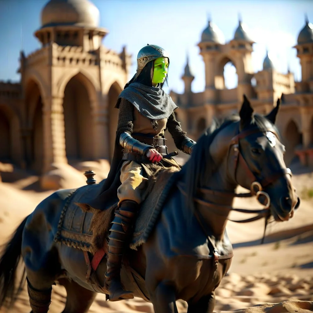 woman riding kentaur in castle in the desert, photo-realistic, shot on Hasselblad h6d-400c, zeiss prime lens, bokeh like f/0.8, tilt-shift lens 8k, high detail, smooth render, down-light, unreal engine, downlight