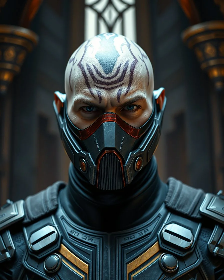 heavily scarred head bald male corellian jedi wearing gunmetal grey and black old republic armored flightsuit and breath mask with gold and metallic red trim inside the jedi temple, centered head and shoulders portrait, hyperdetailed, dynamic lighting, hyperdetailed background, 8k resolution, volumetric lighting, light skin, fully symmetric details