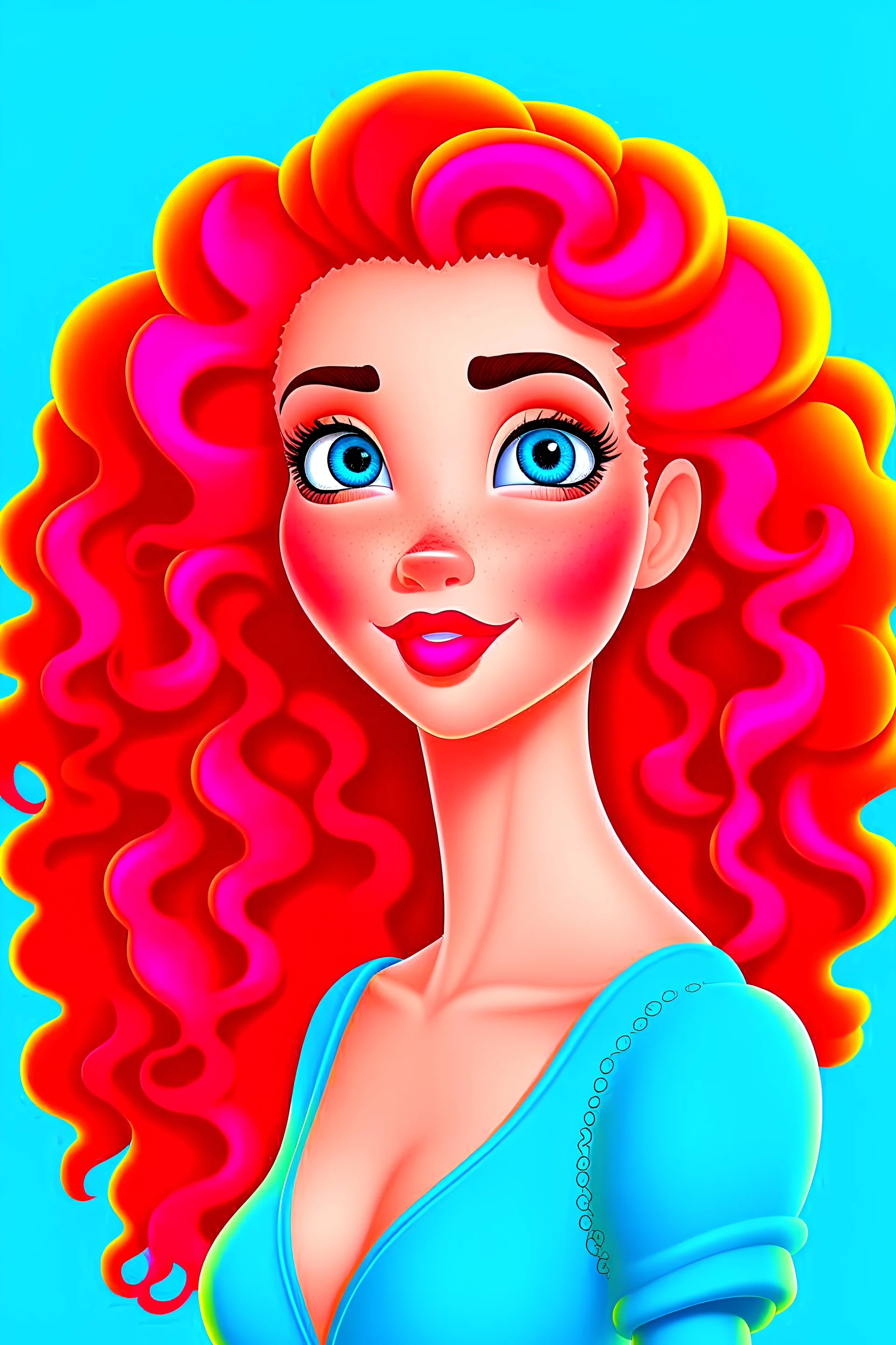 Elsa Ariel Bella Elena,red curly hair 27 years old woman portrait, cute, 3d vector character : disney style : handpainted: digital art