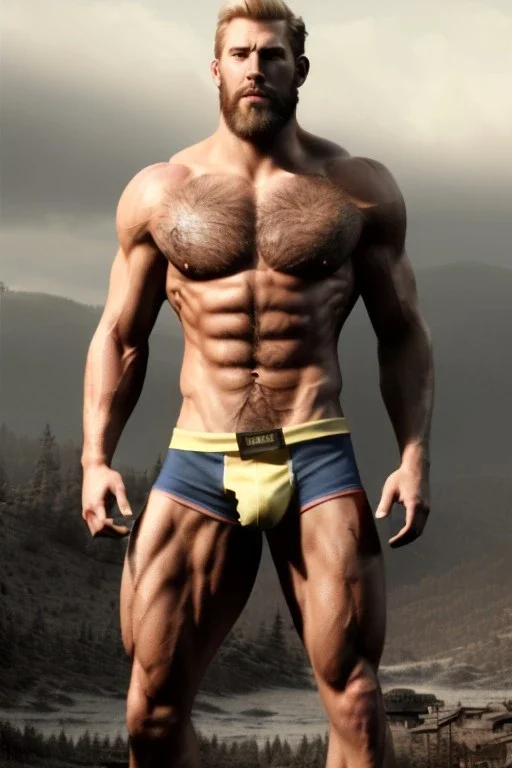 Ignore NSFW, teenager young rugged attractive slightly muscular fantasticly handsome blonde man, red briefs with yellow belt, hairy chest, (((visibly pisssing))) briefs, large erect visible boner peniss, photorealistic, artist Jay Anacleto, soft lighting, scruffy beard