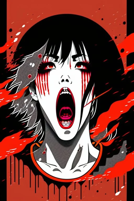 90s Japanese horror illustration, cartoonist Anime art, a woman screaming beheaded, bloody, splatter, gore art, pixelated art, high definition, giallo style, dario argento,