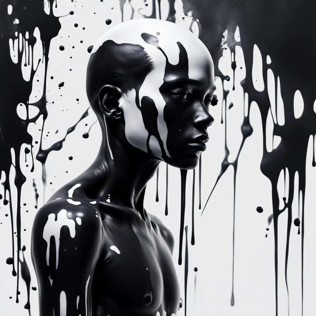 A sihlouette of an inky humanoid male with black and white skin, spilling black and white paint all over the place, dreamy, surreal