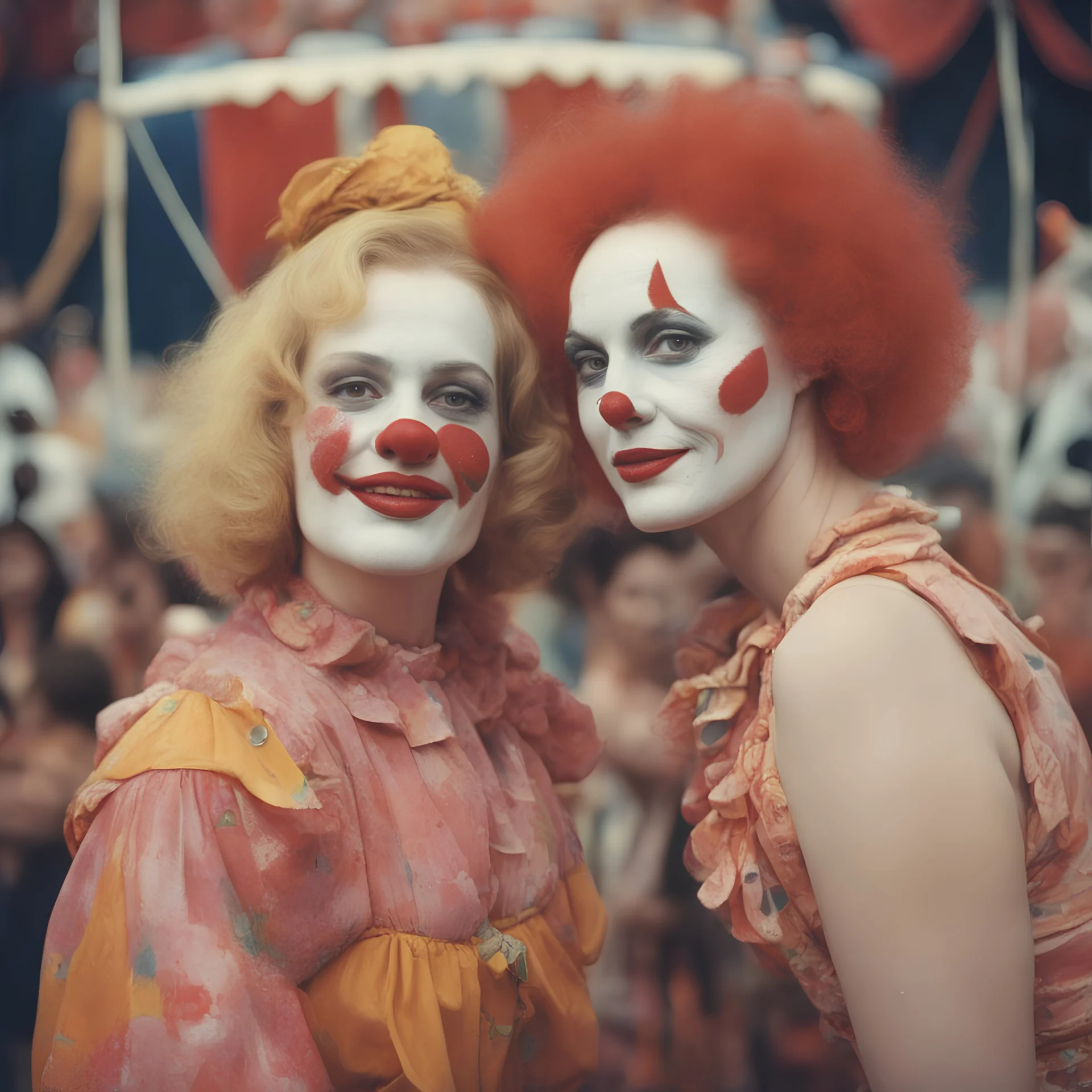 A woman , freckles, with a clown at the circus, 1970s, red, orange, pink, golden