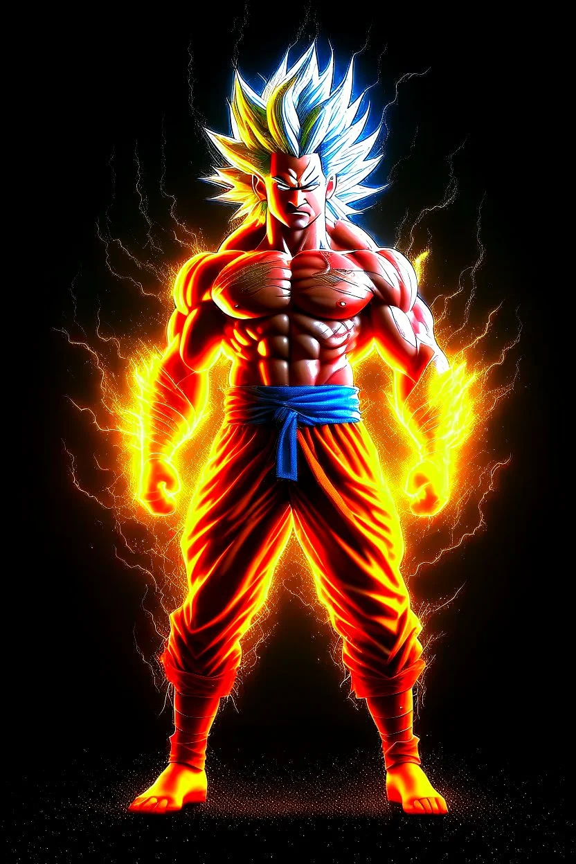 realistic 3d rendering of goku super saiyan fused aquaman, surrounded by lightning, big muscular, full body photography, hyperrealistic