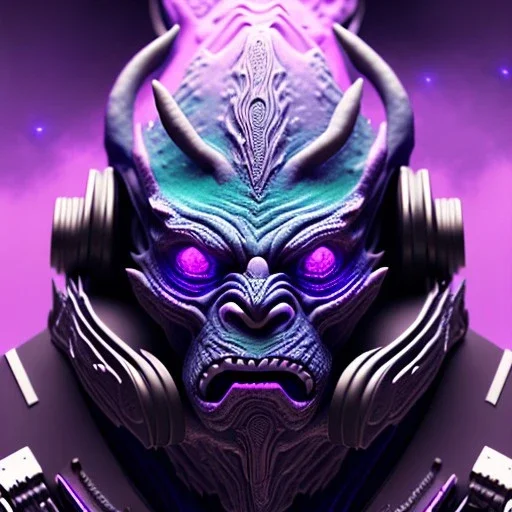 oni purple mask in galaxy, teal and purple smoke, detailed, realistic, 4k