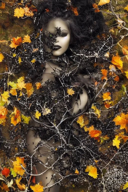 abstract creation of a beautiful girl with black curly hair, surrounded by black roses, thick metal chain broken, glass petals on the ground, autumn colours,dried out thorn bush, chaos,