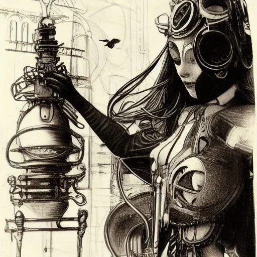 great illustrator, spanish, pencil sketch of a cute girl, beautiful, steampunk syle, black and white. Helmet with tubes. venetian mask. Machinery in the background. robotic birds flying. High details.