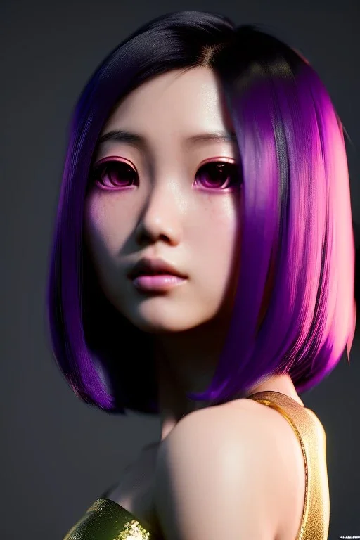 Young asian woman, anime character, purple hair, gold eyes, long hair, leather, vibrant color, highly detailed, art stations, concept art, smooth, unreal engine 5, god rays, ray tracing, RTX, lumen lighting, ultra detail, volumetric lighting, 3d, finely drawn, high definition, high resolution.