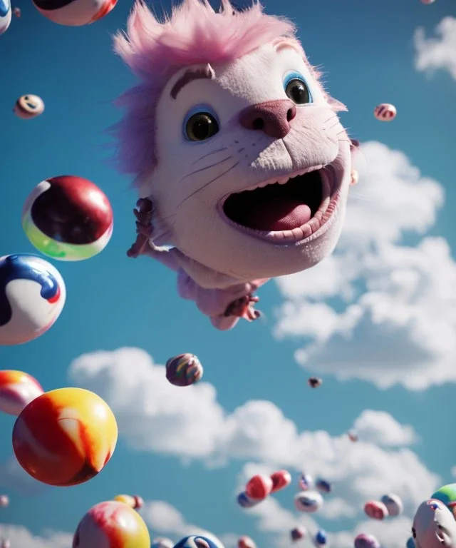 Ultra realistic speed clouds sky scene, wide angle view, child falling down with many Children background, inflatable monsters, circus dress style, feather color, free jumping flying, many trinkets, hair monster, many jelly beans, balls, color smoke, smile, happy, extreme, wind, clouds sea, 20,000 feet altitude, stratosphere, soft color, highly detailed, unreal engine 5, ray tracing, RTX, lumen lighting, ultra detail, volumetric lighting, 3d, finely drawn, high definition.