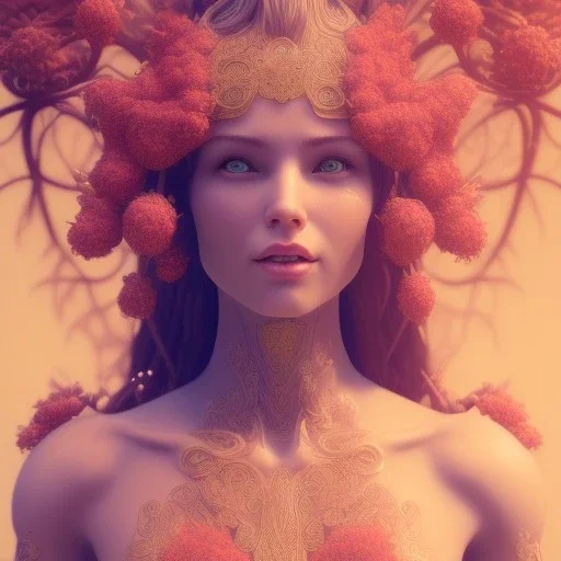 3d smilling woman,topless,standing, 32K, intricately detailed, plants, flowers, colorful, rtx, unreal engine 5, art nouveau, clouds, smoke, square type face