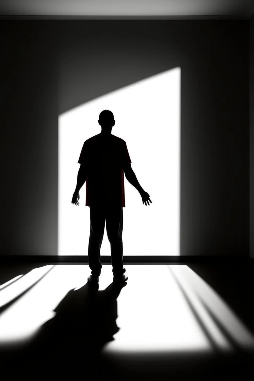 a man in an empty space standing in front of a wall looking at his shadow reflected on the wall. a red puppy sleeping on the floor in the background, thin line draw style, Busch painting style