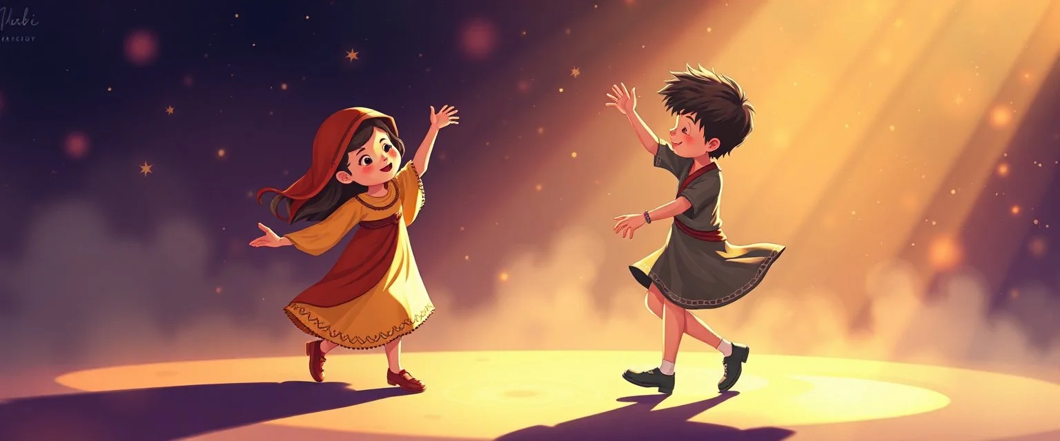 illustration of children playing and dancing. fantastic lighting, chaabi children's book proportions