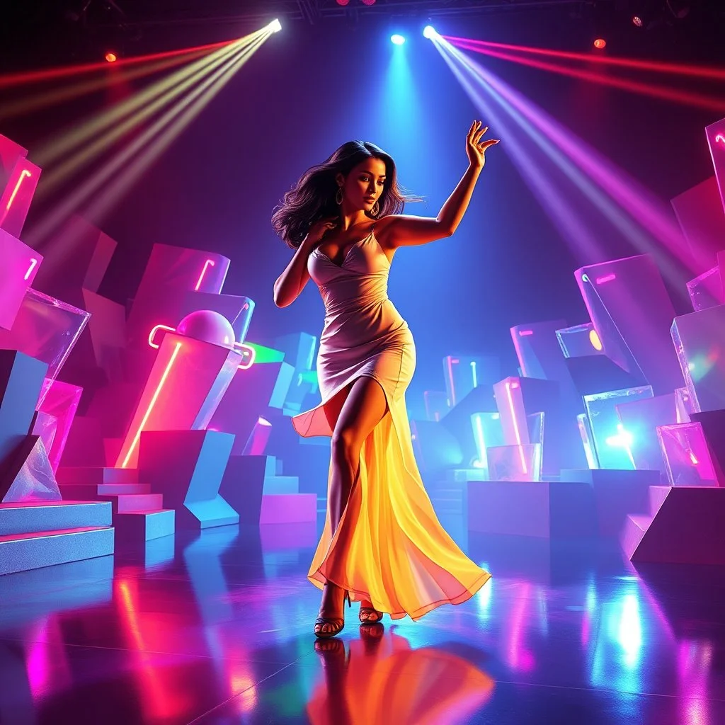 A breathtaking 3D animation of a passionate woman dancing a hot, energetic salsa. Her movements are fluid, expressive, and perfectly synchronized. Surrounding her is a futuristic, evolving stage filled with animating abstract 3D geometric structures that constantly morph, shift, and pulse to the rhythm. Dynamic, vibrant neon lights, colorful volumetric laser beams, and dramatic strobes sweep across the dark environment, casting beautiful shadows. Cinematic camera movement with smooth tracking