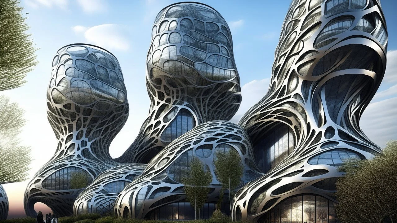 An otherworldly landscape filled with biomechanic organic composition buildings that have a striking resemblance to living organisms. The buildings are adorned with titanium scale skin that glimmers in the sunlight, giving them an ethereal quality. Windows that mimic gills line the structures, creating a mesmerizing visual effect. As walkers traverse the landscape, they can't help but stop and admire the intricate design of the buildings, marveling at the seamless fusion of nature and machinery.