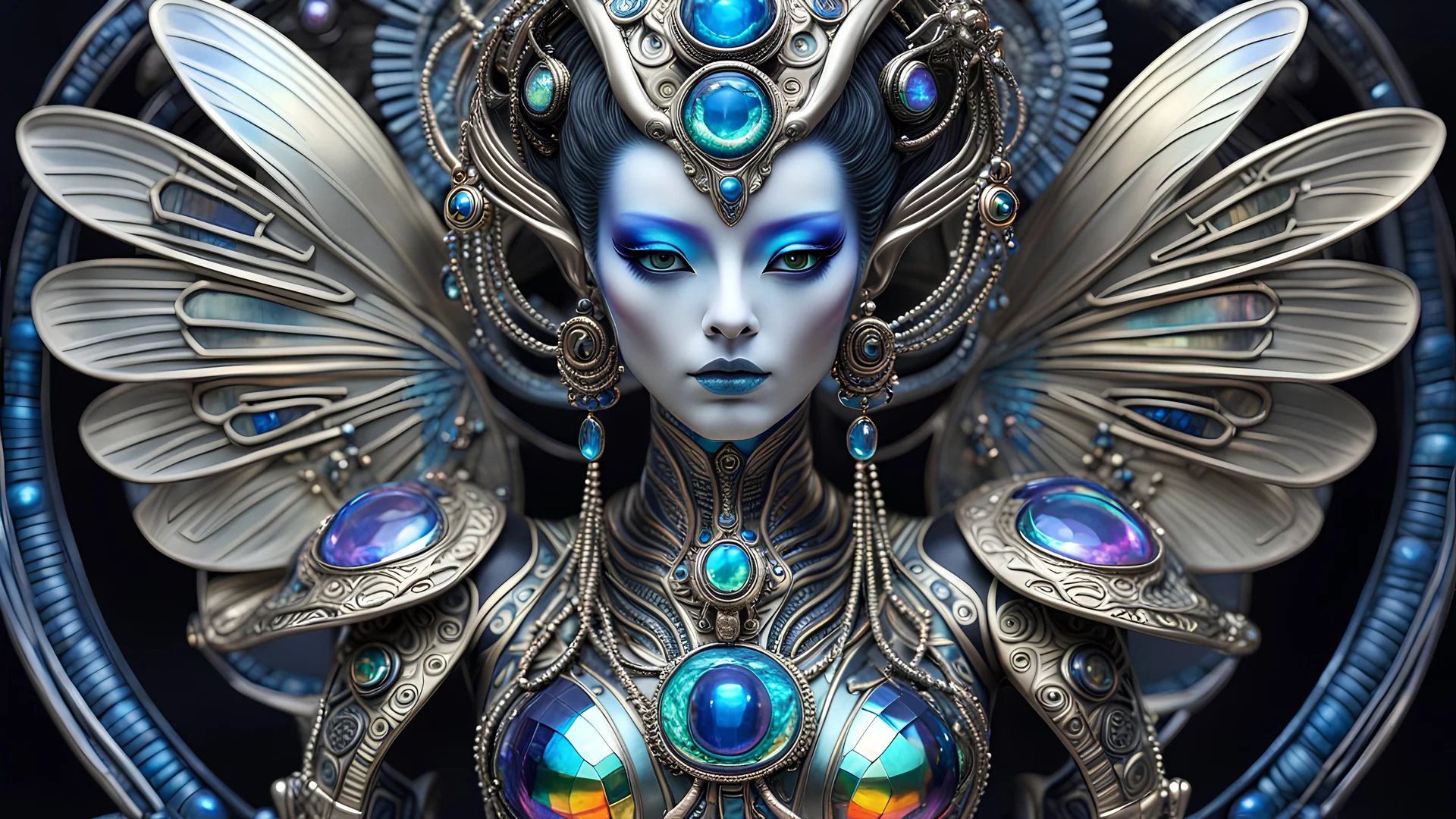 a full body shot of a beautiful menacing prismatic and (iridescent:1.5) (geisha alien:1.5) with perfect gorgeous alien eyes and adorned with (unique bone carvings:1.5) with futuristic jewelry and pearlescent butterflies filigree, H.R. Giger style, Japanese and alien background, sharp focus, whimsical, fantasycore, aliencore, gothcore, lillies and tropical flora, aliens