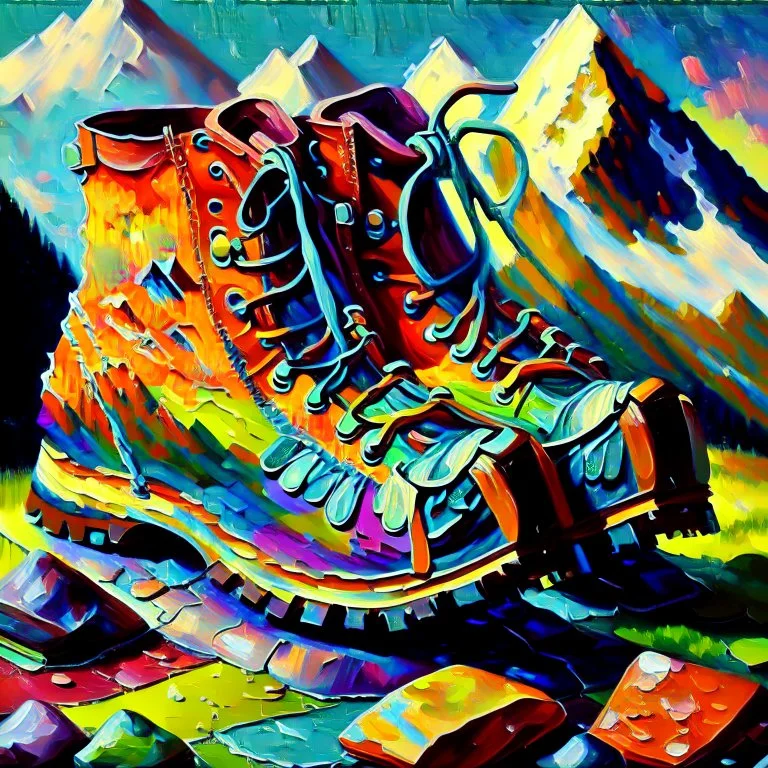 moutain shoes , art, oil colors, bright,