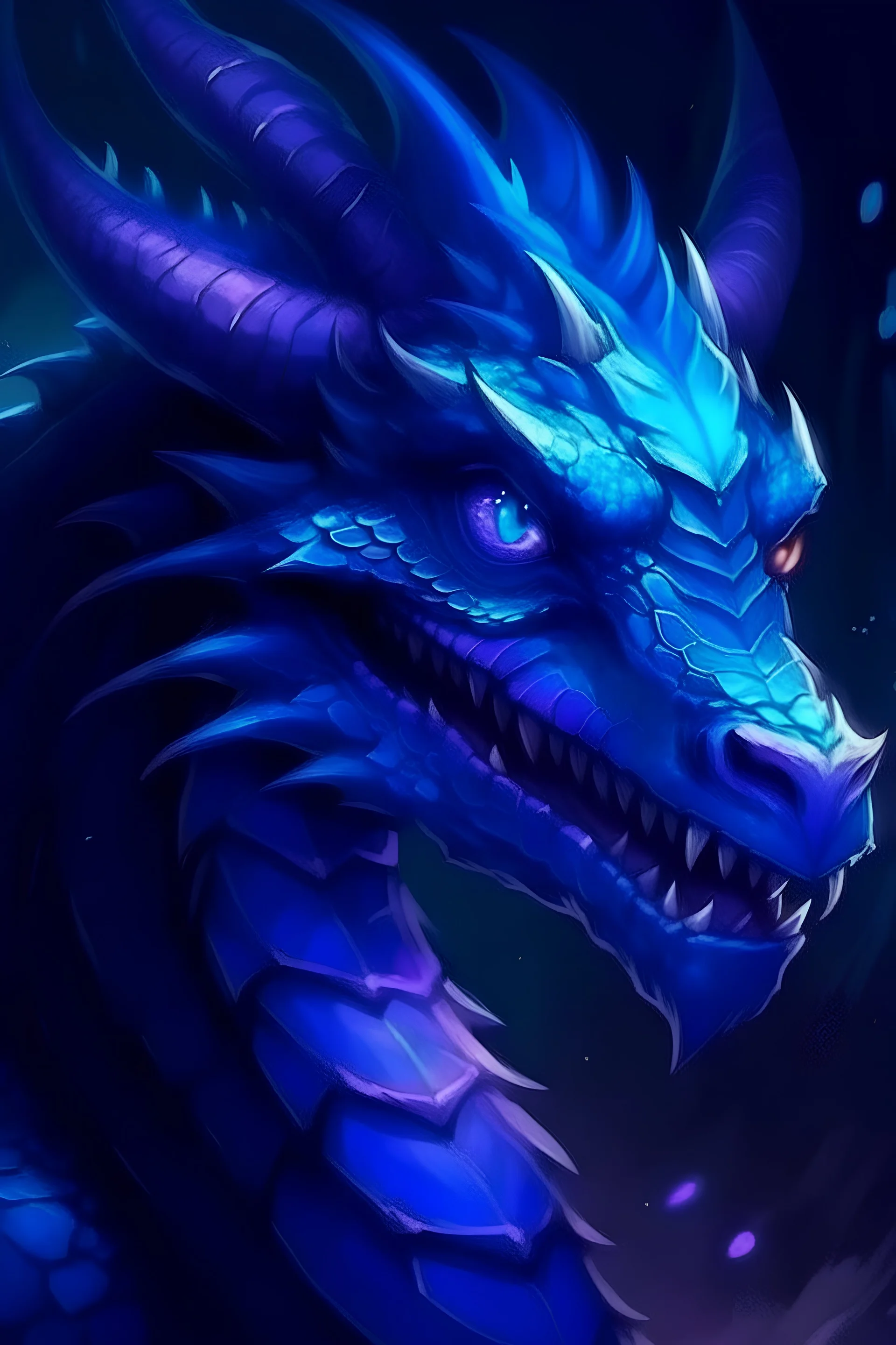 portrait of dark purple and blue dragon who looks brave and kind