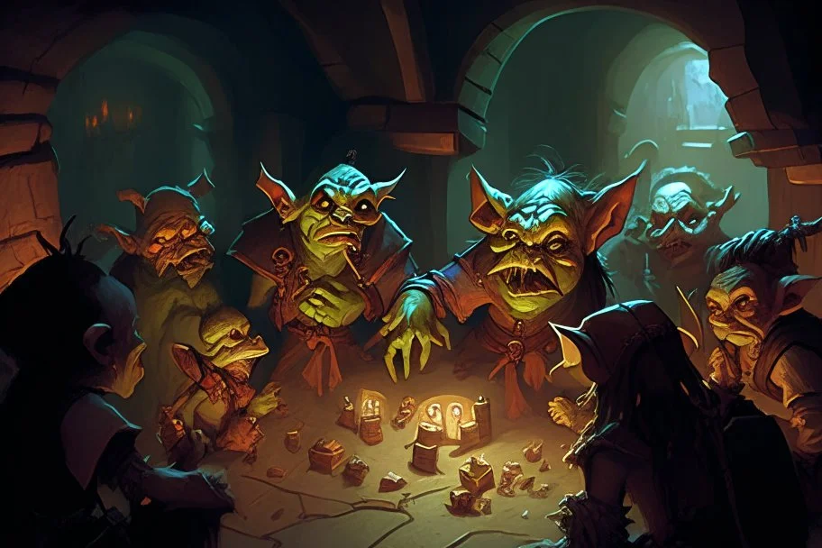 A dungeon full of goblins staring at a dnd party