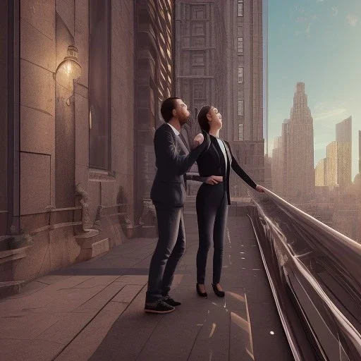 a man and a woman screaming at each other on a balcony, downtown new york, dramatic, dramatic lighting, volumetric lighting, hyperrealism, 8k, high quality, photorealistic, lot of details