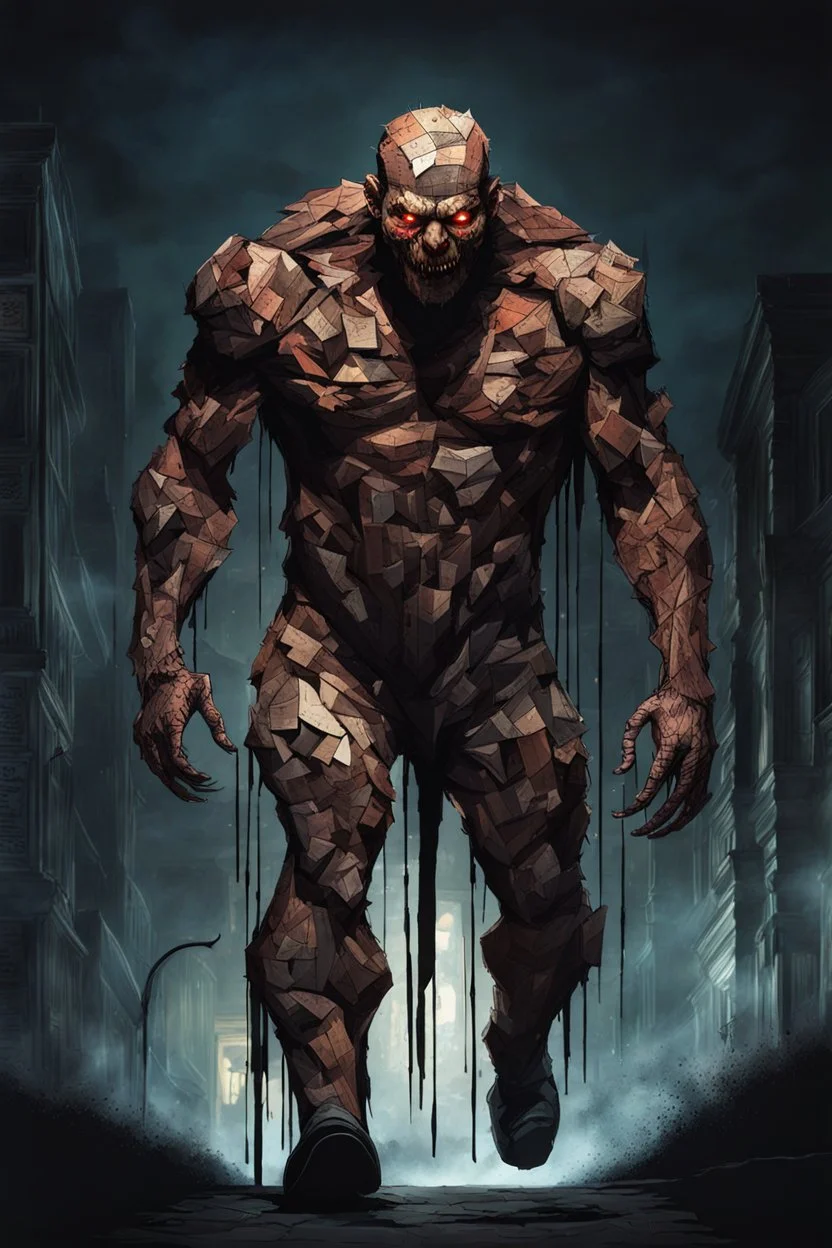 a demon dressed in a human body patchwork sewn of big pieces of human skin. walking in the night. scary. terrifying. intense horror. concept art. book cover art.