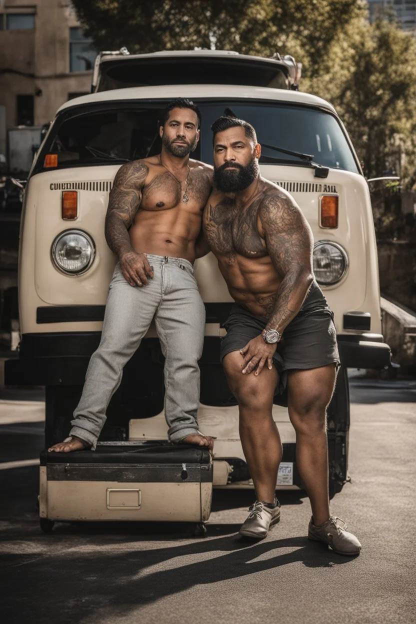 half figure photography of a 39 year old beefy burly latino , shirtless, bulging shorts, leaning with his to his van, hands on the fap, big shoulders, hairy chest, tattoo, very virile, short beard, short hair, side light, in a sunny street, photorealistic