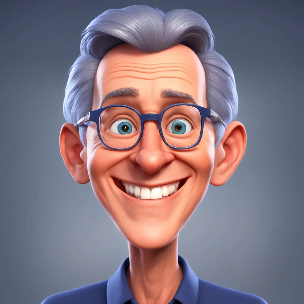 a portrait of smiling wise western man. 40 years old. caricature. gray short hair. wide forehead. light skin. blue eye pupils. elips eyeglasses, thin silver frame. oblong face shape. wear navy blue formal dress. pixar style. 3D. 4k. portrait. highly detailed. sharp focus. high resolution. full color. cinema lighting. with food background