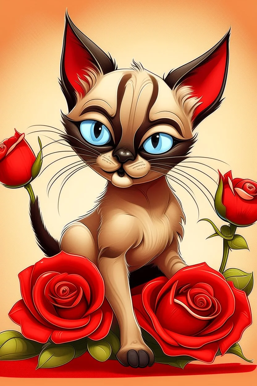 realistic illustration funny goofy, whimsical, caricature of a sleek siamese kitten with brown ears, laying down on its belly, back legs crossed, a paw stretched out in front, holding a red rose in his mouth, flowery background with long pale grass background. Textured painterly fantasy artistic Cartoon