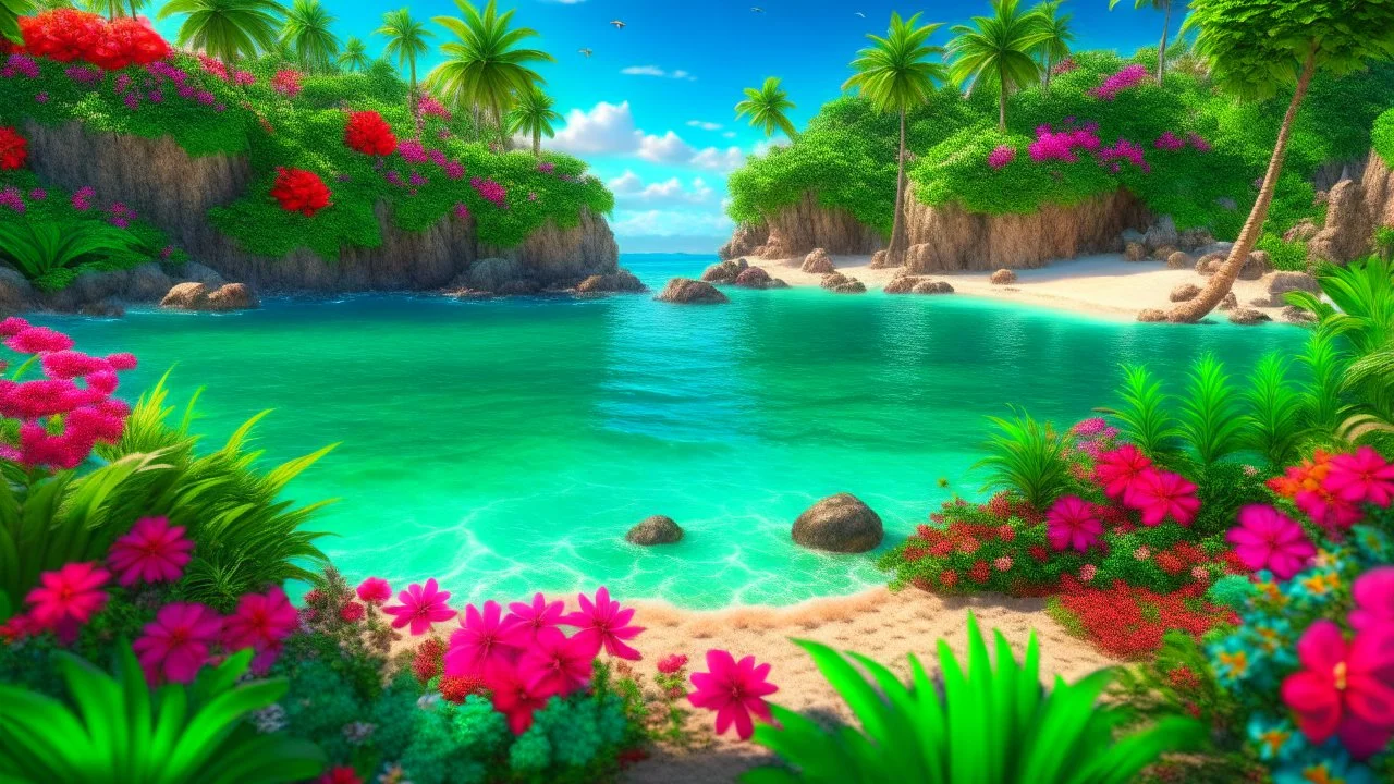 private tropical island, flowers, beach, gems, trending on artstation, sharp focus, studio photo, intricate details, highly detailed, gemstones decorating a lagoon