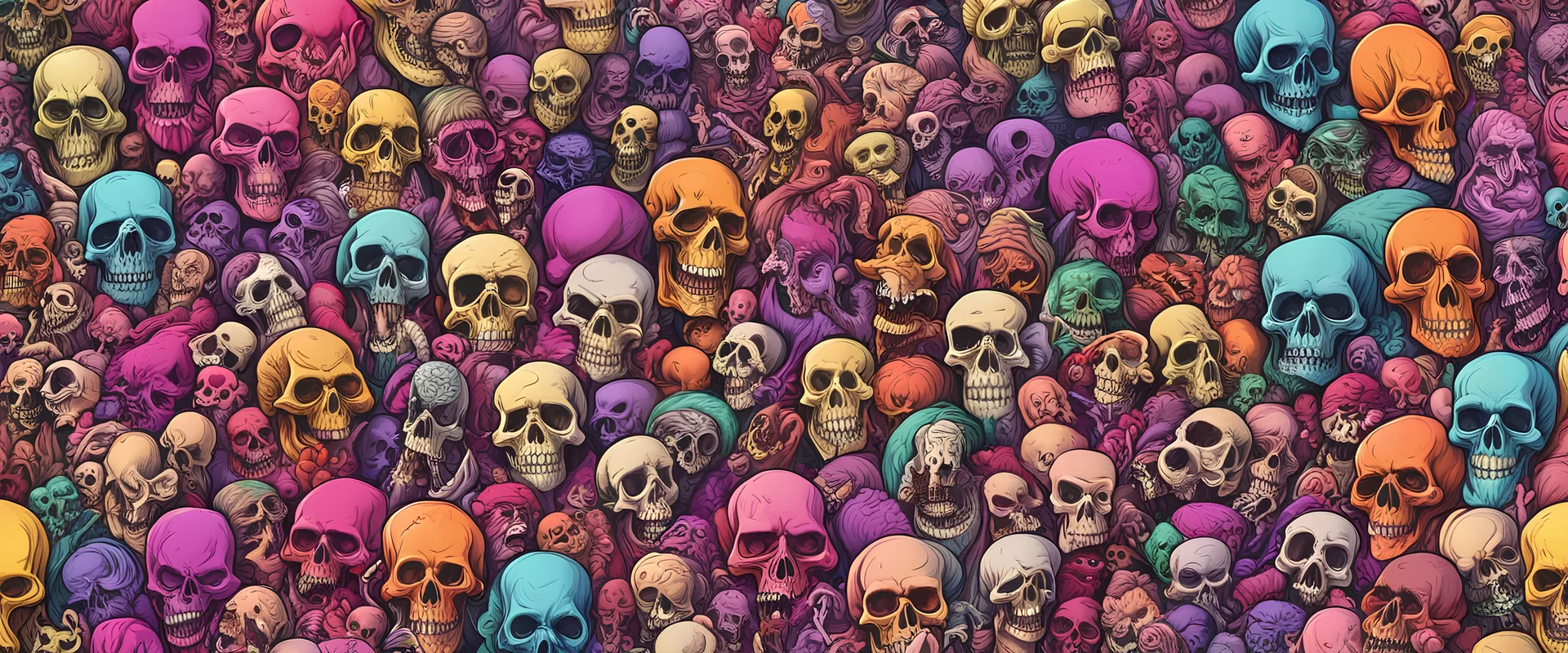 a field of 1000s of cartoonish, anatomically correct, skulls, vivid RANDOM BRIGHT neon colors, dark comedy, well lit, high detail, photorealistic, horrorcore, fun, scary, dead, 100% detail on all drawn, nothing partial or filler, by disney