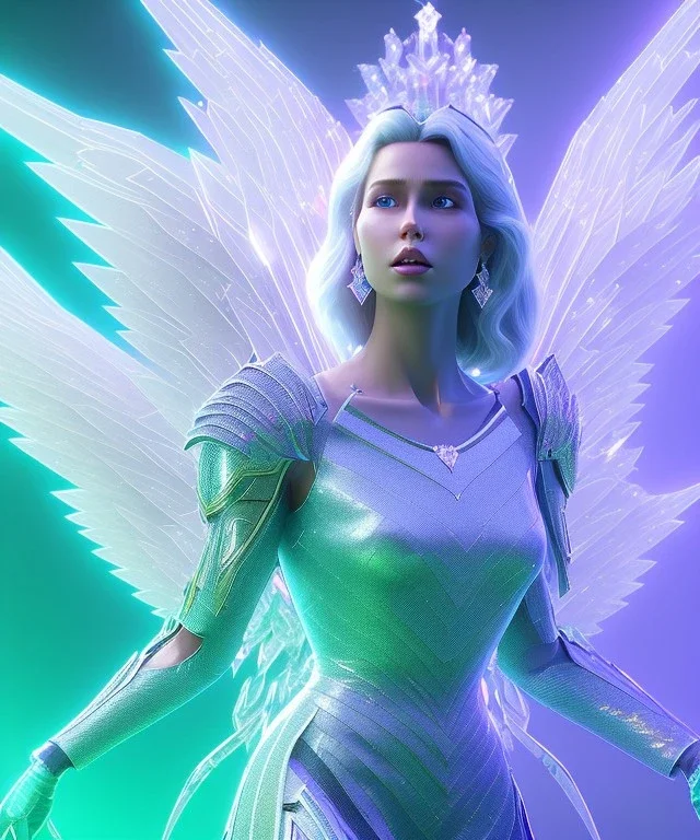 A crystalised queen, atmospheric, realistic, unreal engine, cinematic lighting, octane render. blue, pink, transparency, light, shine,bright, full body, transparent wings, blonde, long hair, nice smile