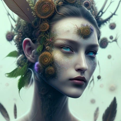 Portrait of beautiful girl, face dept of field,face shining, plant, metal, feathers, Dryad, fae, sidhe, ominous, nature, plants, wildflower, facepaint, dnd character portrait, intricate, oil on canvas, masterpiece, expert, insanely detailed, 4k resolution, retroanime style, cute big circular reflective eyes, cinematic smooth, intricate detail , soft smooth lighting, soft pastel colors, painted Renaissance style,sharp fucus, bokeh,macro lens, 1500mm lens