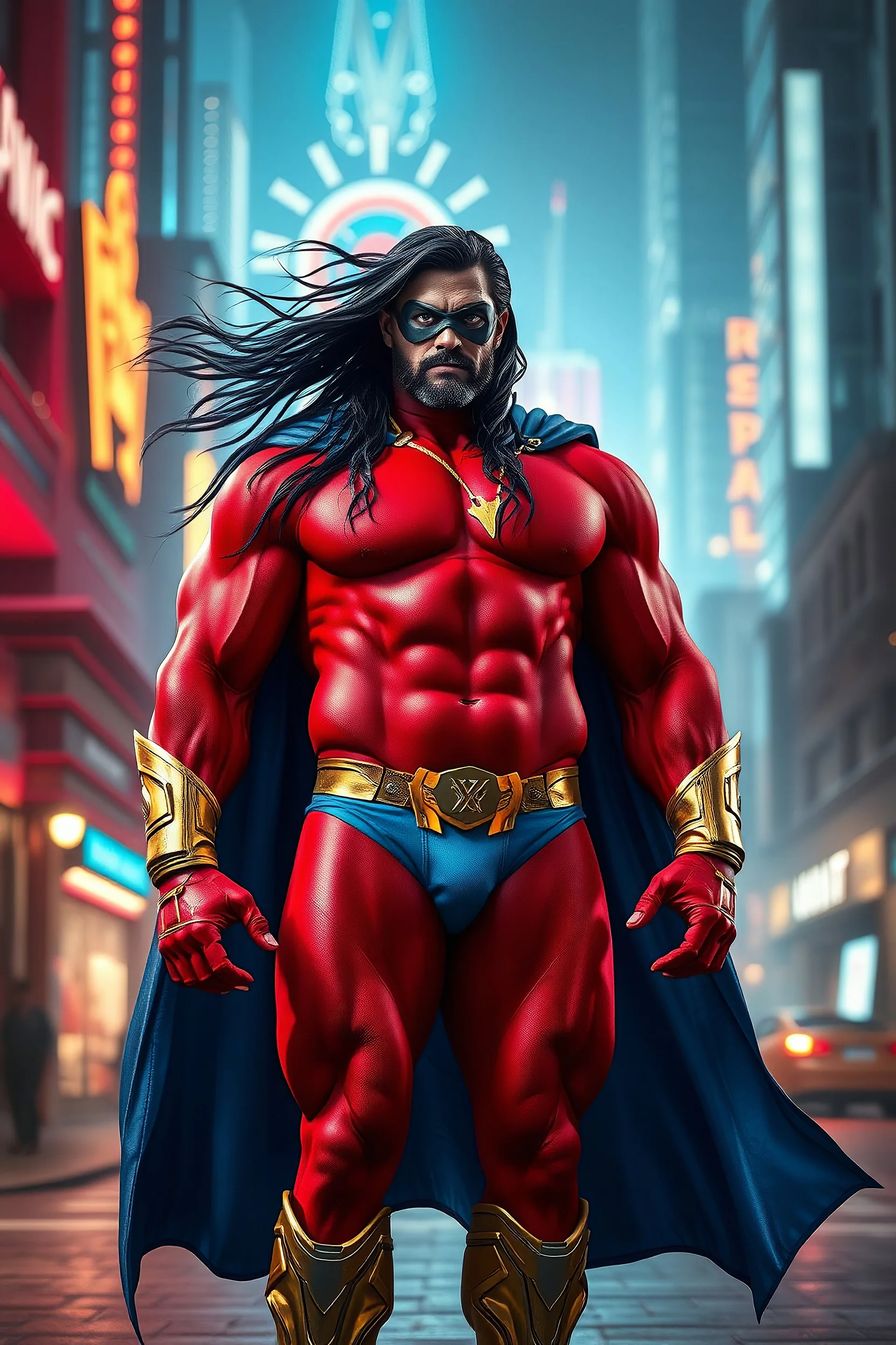 A giant, muscular man with long, flowing, black hair that is blowing in the breeze and blue eyes, goatee, standing on the streets in the neon lit, futuristic City of Xanadu prime, he is wearing a red body suit that forms to his muscular frame, he also wears tight blue trunks on the outside of the suit, he has a gold lightning belt, gold wrist gauntlets, he wears gold, knee-high boots, he wears a blue cape, he as the symbol of Xanadu Prime on his chest, and a thin black leather bandit eye mask,