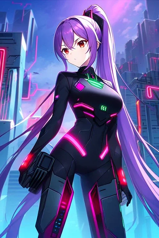 girl, masterpiece, best quality, cinematic lighting, detailed outfit, perfect eyes, purple hair, red eyes, long hair, ponytail, A girl standing in a modern city, anime style, with neon lighting, detailed facial features, long hair, and a futuristic sci-fi wardrobe, surrounded by cyberpunk buildings and machines, painted in a vibrant and bright color palette, with a sharp focus and depth of field, and a cinematic environment, inspired by the works of Studio Ghibli and Makoto Shinkai