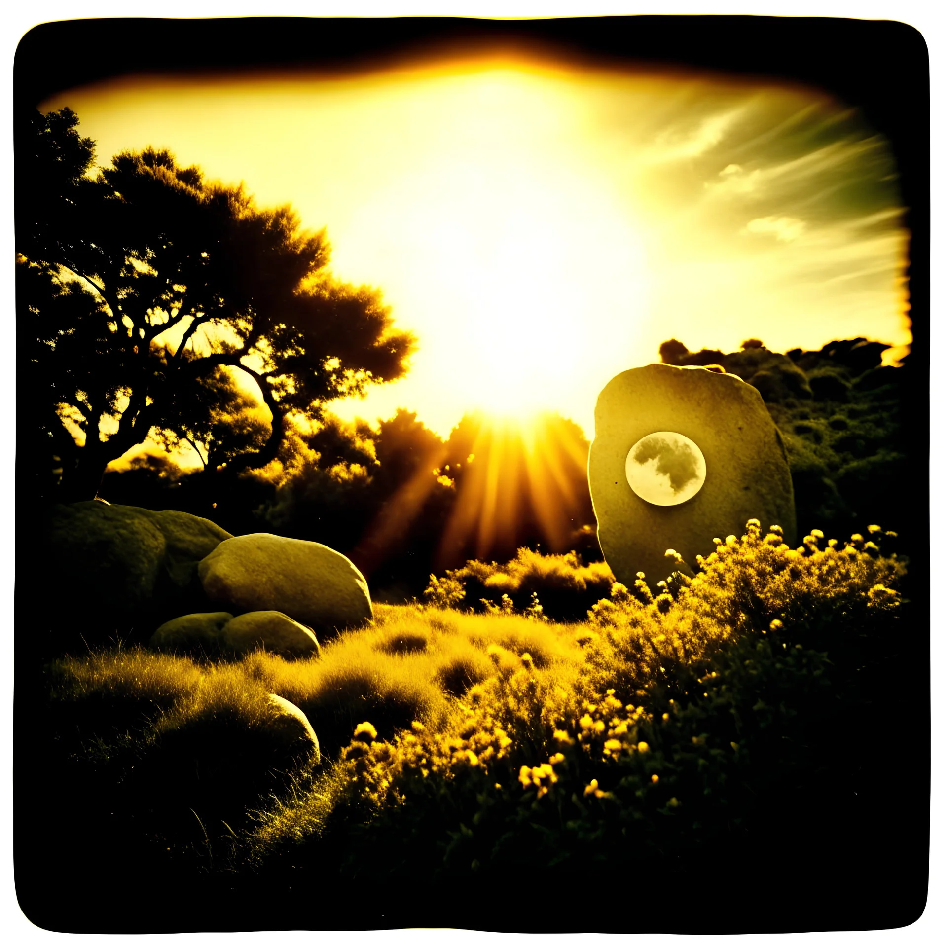 Polaroid photo of a peaceful marvelous landscape, trees, flowers, giant sun, sharp focus, bas-relief, decal, very spooky figure, intricate, rock formations, atmosphere of a Max Ernst painting, Henri Rousseau, thoughtful, interesting, a bit appalling, smooth