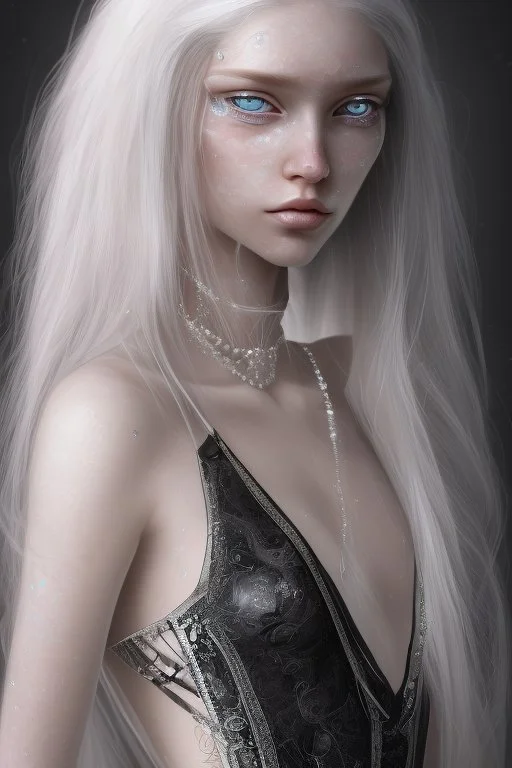 A beautiful young woman with long white hair and blue eyes, pale skin with opal freckles. Wearing a black dress