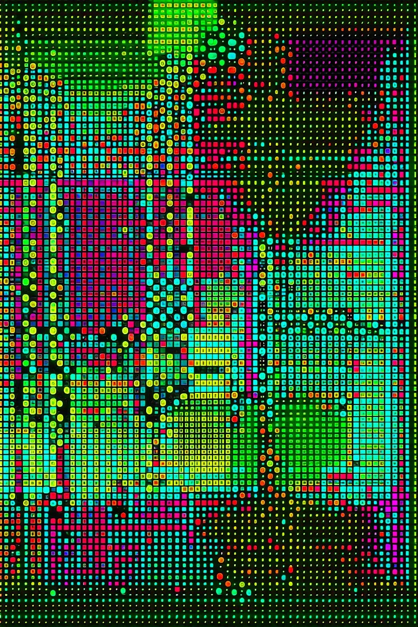 SQUARE GRID ABSTRACT LINES AND DOTS DANCING FULL COLOUR STYLE OF HIROKU OGAI