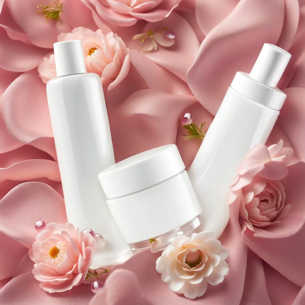 a bottle for cosmetics and a cream jar lies on a beautiful floral background top view, in the background there are beautiful spring flowers and a drop of cream, high-quality picture, top view