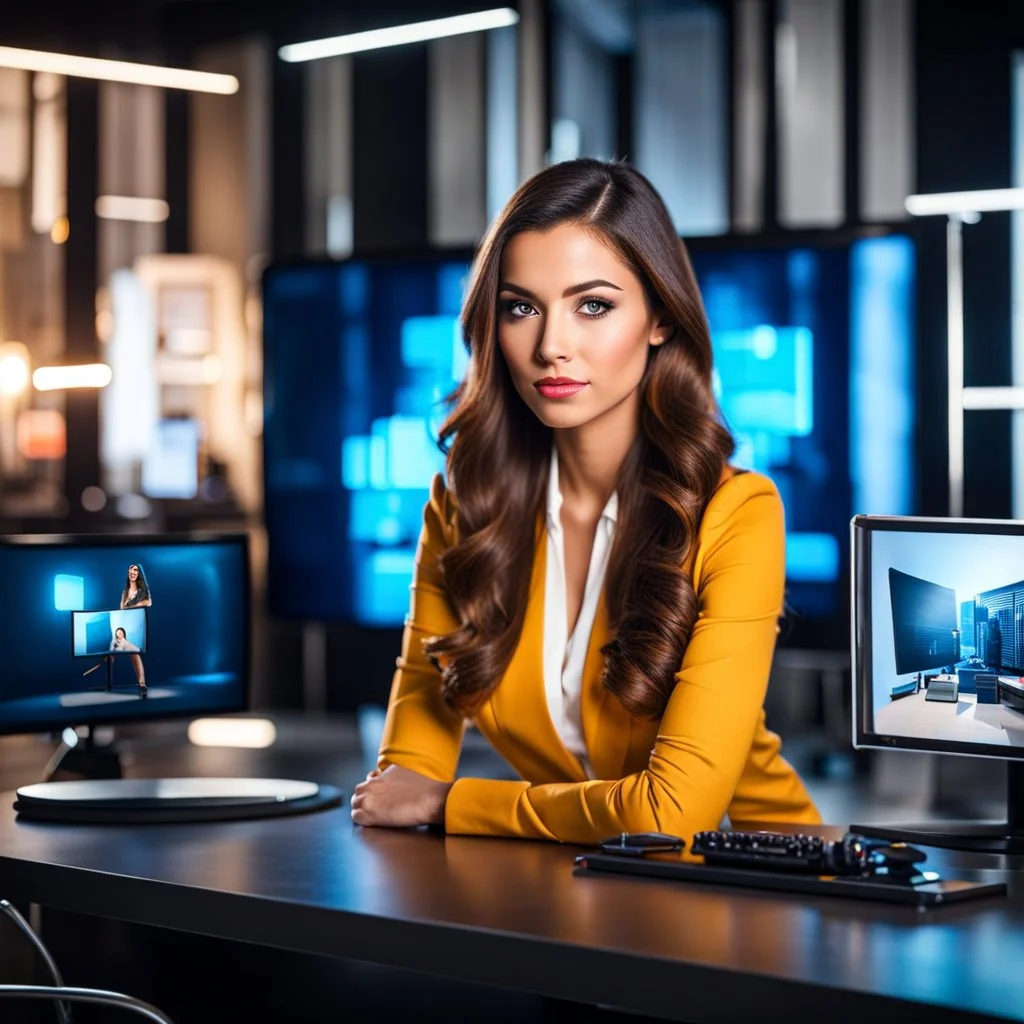 amodern tv studio a beautiful girl perfect face sitting next to desk presenting new looking at camera, with picture of an old man in tv screen at background