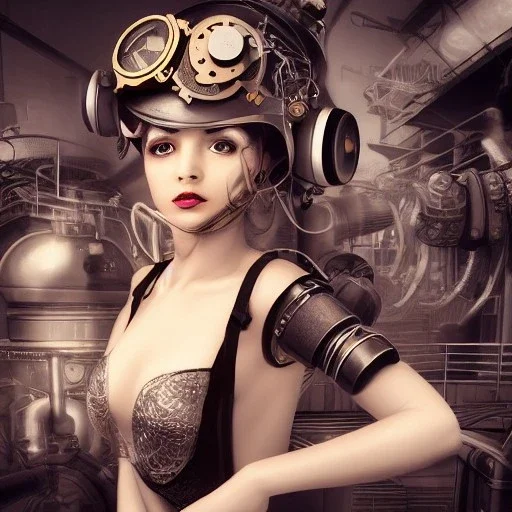 great illustrator, spanish, realistic rendering of a cute girl, beautiful, steampunk syle, black and white. Helmet with tubes. mask. Machinery in the background. robotic bird fkying. High details. 4k. unreal engine