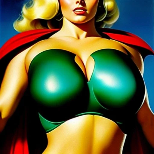 portrait oil on canvas, beautiful busty PowerGirl, green big eyes, ,minimal armor,comic book cover, mystical colors,insanely detailed,realistic,intrincate detail, 16k resolution, masterpiece,Frank Frazetta,Alex Horley, Simon Bisley