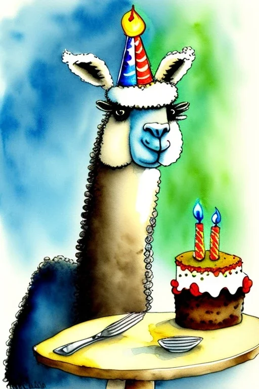 A cute llama is having a birthday cake. Watercolour