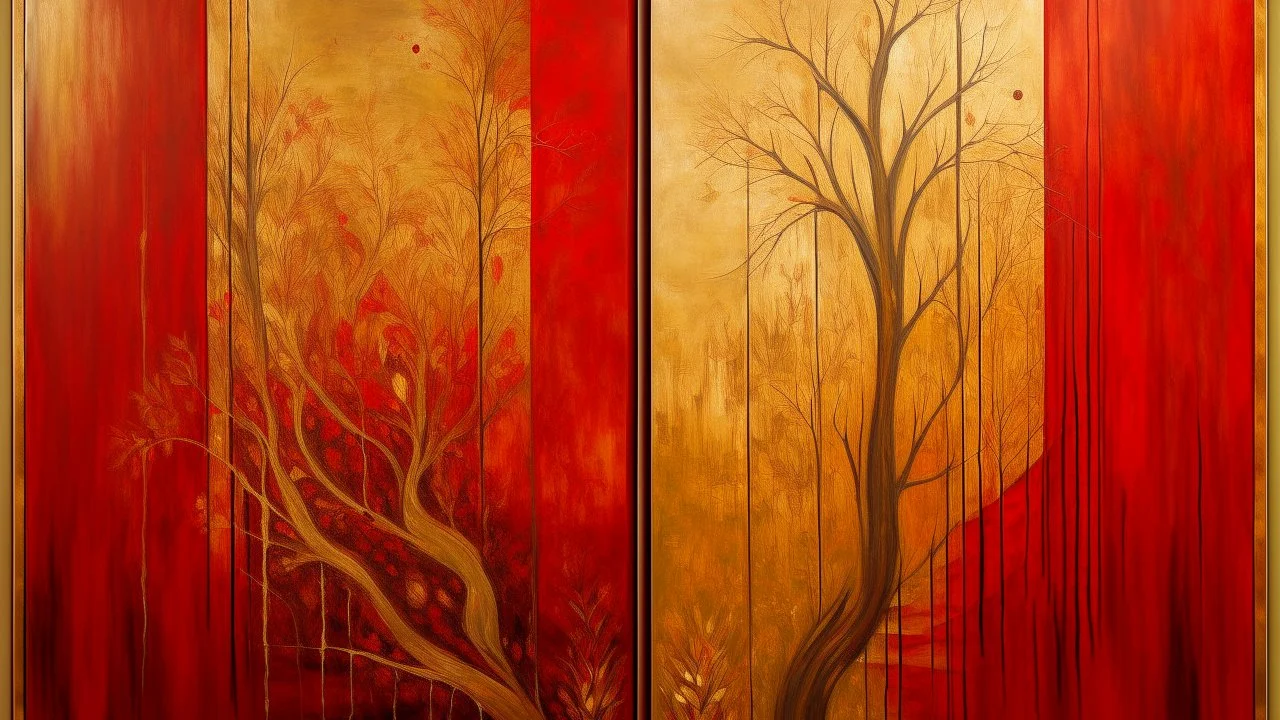 Diptych painting, two vertical panels, rich crimson red background. Abstract landscape, divided into sections with muted gold/tan elements. Vertical, dark, stylized tree forms dominate each panel, with varied brushstrokes creating texture. Small, realistic pears are placed on the lower right panel. One panel includes an abstract bird’s nest, a central light ochre area. Faint shapes resembling silhouettes of hills or mountains are seen in two upper sections. Soft, diffused light suggests a contem