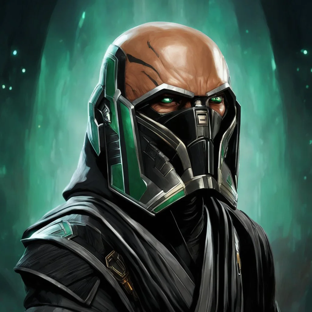 star wars bald male corellian jedi pilot wearing gunmetal grey and black old republic armored robes with gold trim inside the jedi temple holding a lightsaber with viridian green blade in left hand, centered head and shoulders portrait, hyperdetailed, dynamic lighting, hyperdetailed background, 8k resolution, volumetric lighting, light skin, fully symmetric details