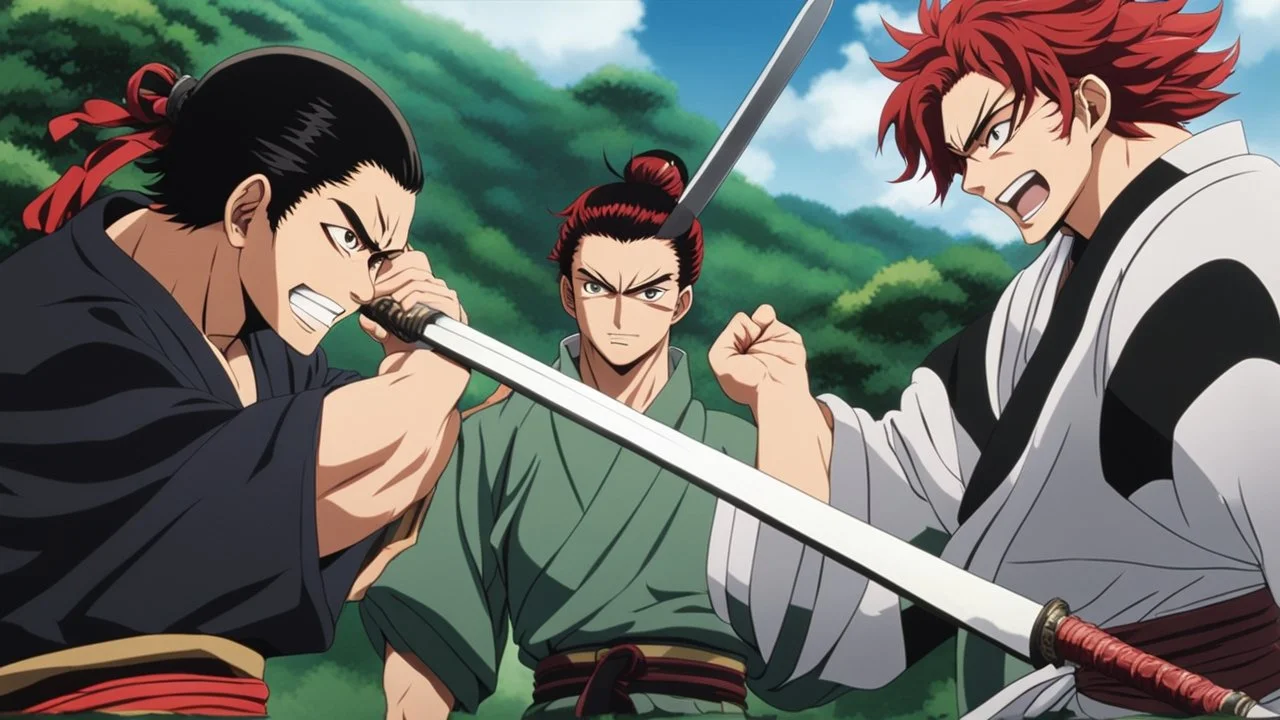 yujiro hanma vs yoriichi tsugukuni, baki vs kimetsu no yaiba, two mans standing in front of each other, a big strong man in black shirt with red hair and evil grin in battle stance facing a smaller feminine swordsman with long hair and calm face reaching for his sword in traditional japanese clothes both preparing to fight each other